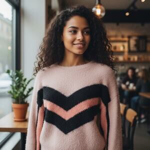 Vince Camuto Fuzzy Sweater Crewneck Retro 80's Look Pink Pullover Womens Medium